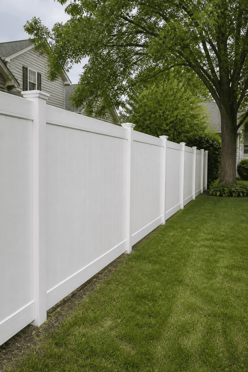 White privacy fence enclosing a landscaped yard
