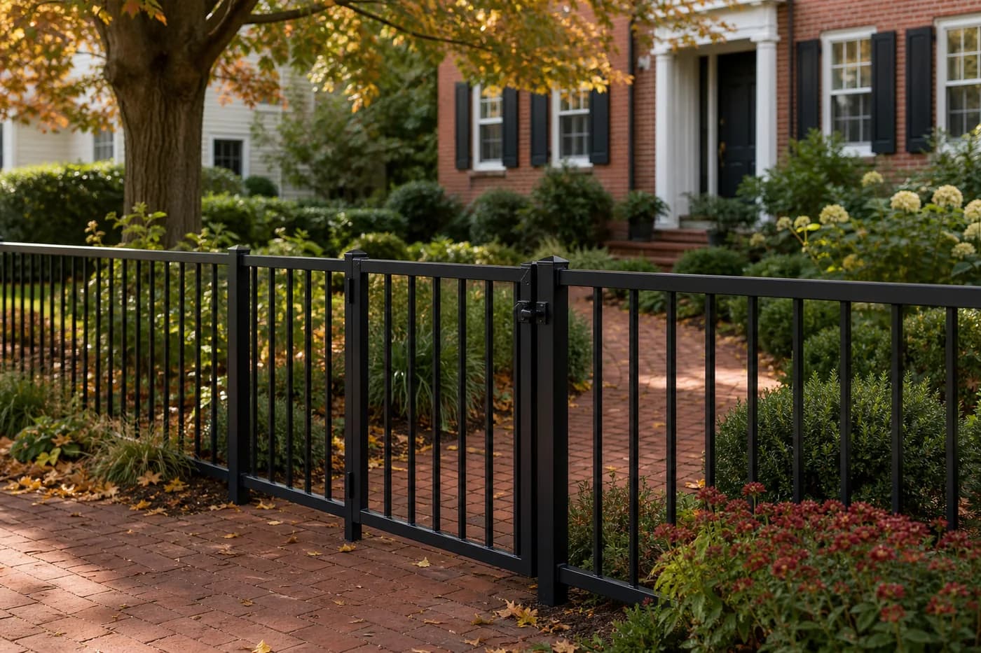 Black aluminum garden fence and gate along a brick path in autumn