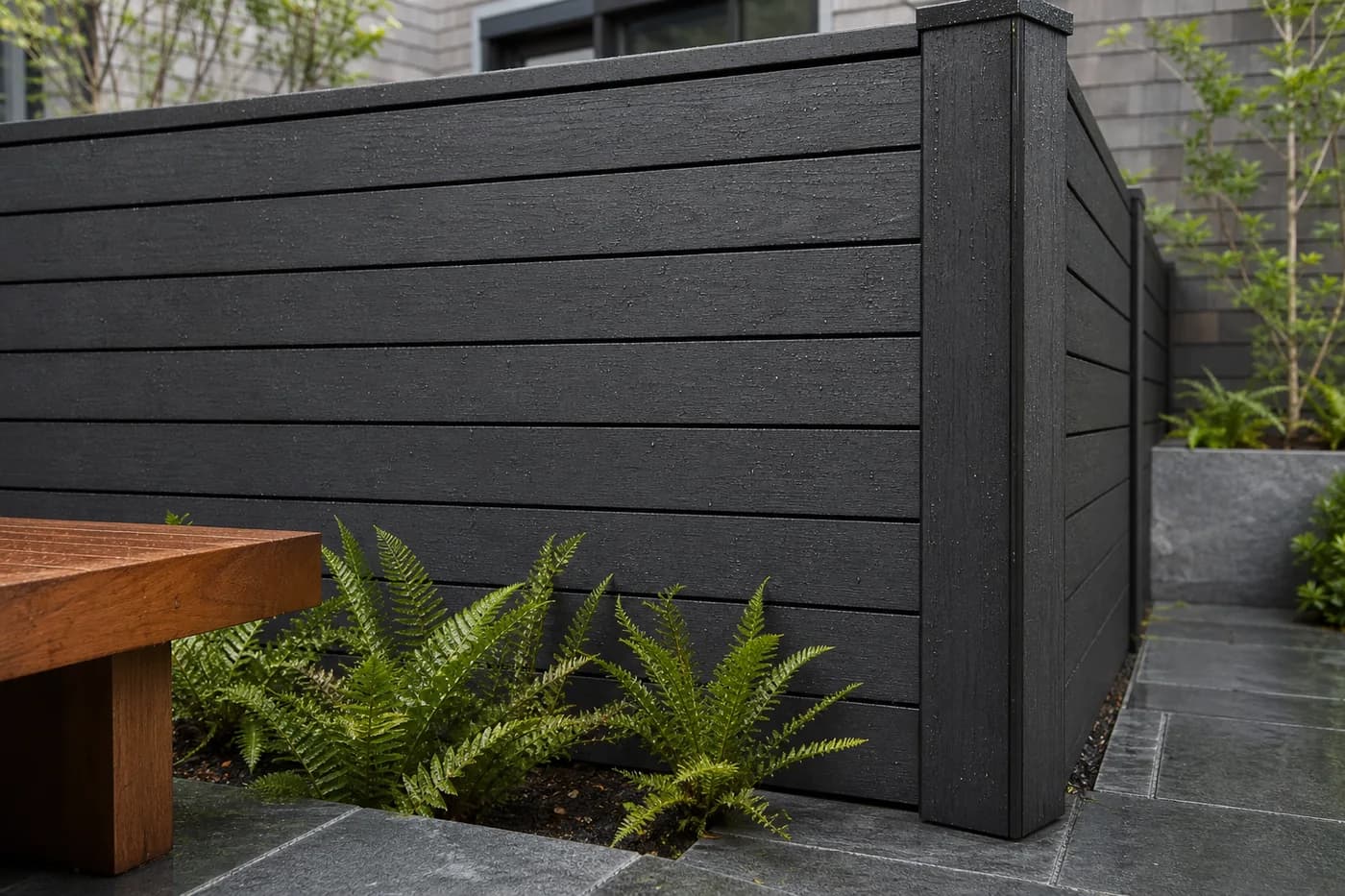 Charcoal composite privacy fence with rain beads beside wet granite and ferns