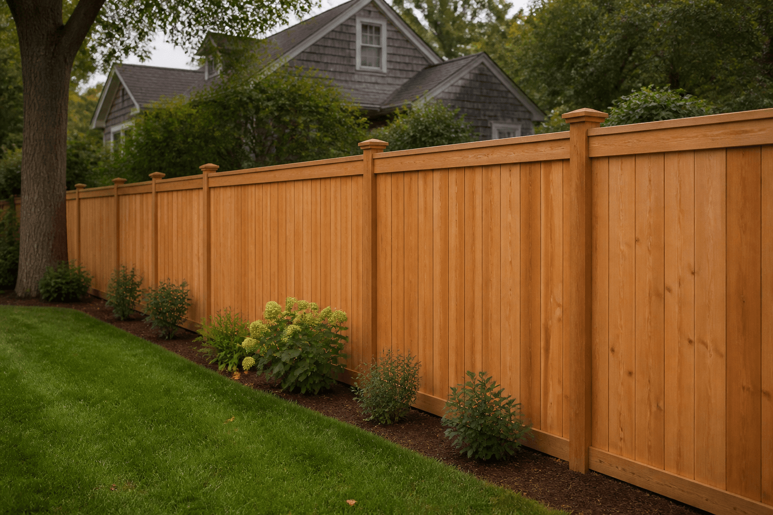 Six-foot natural cedar privacy fence along a New England backyard