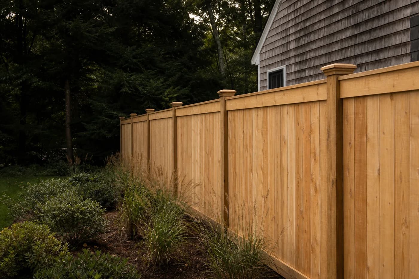 New cedar privacy fence beside a gray-shingle New England home