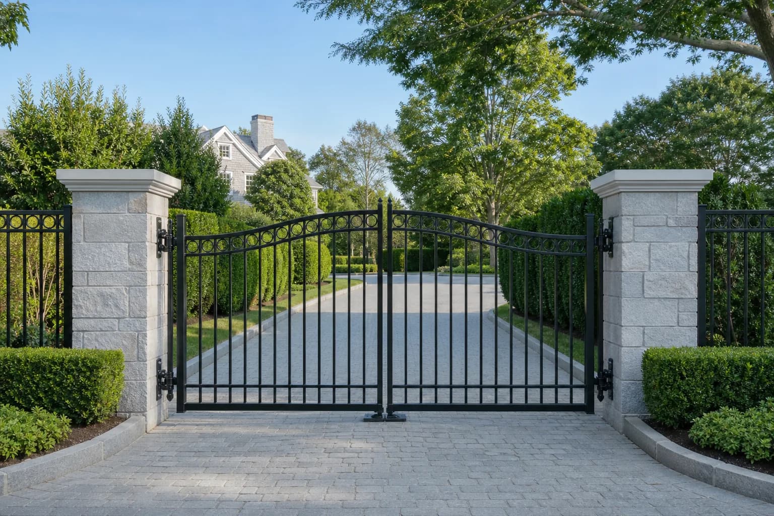 Brand-new black ornamental metal gate and fence at a landscaped New England property