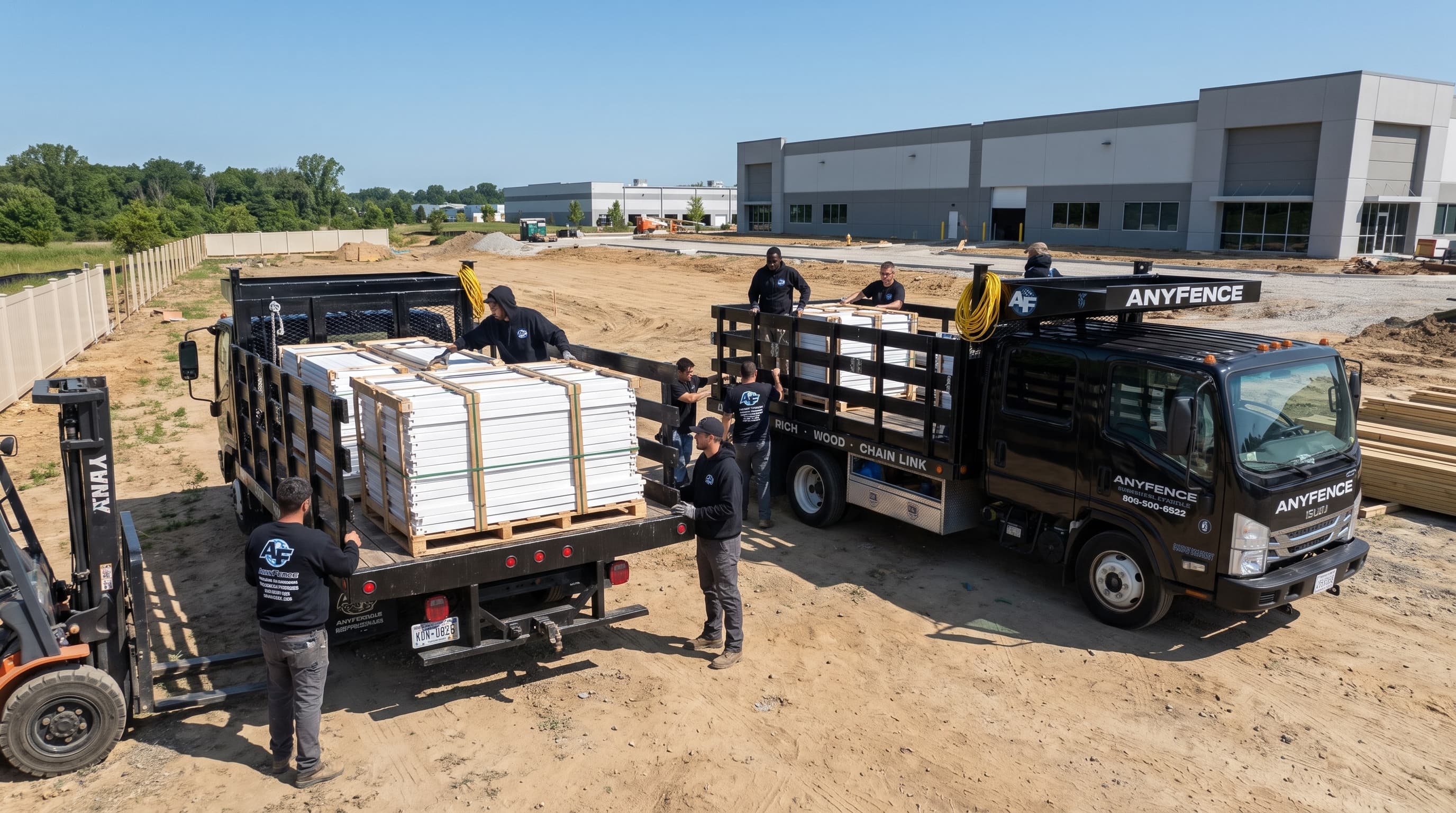 An AnyFence truck loaded with cedar posts, rails, and tools at a job site.