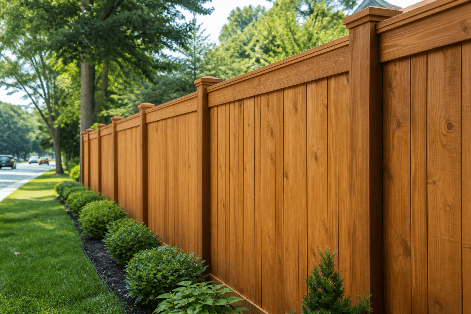 Tall solid sound-barrier fence at the edge of a Massachusetts yard