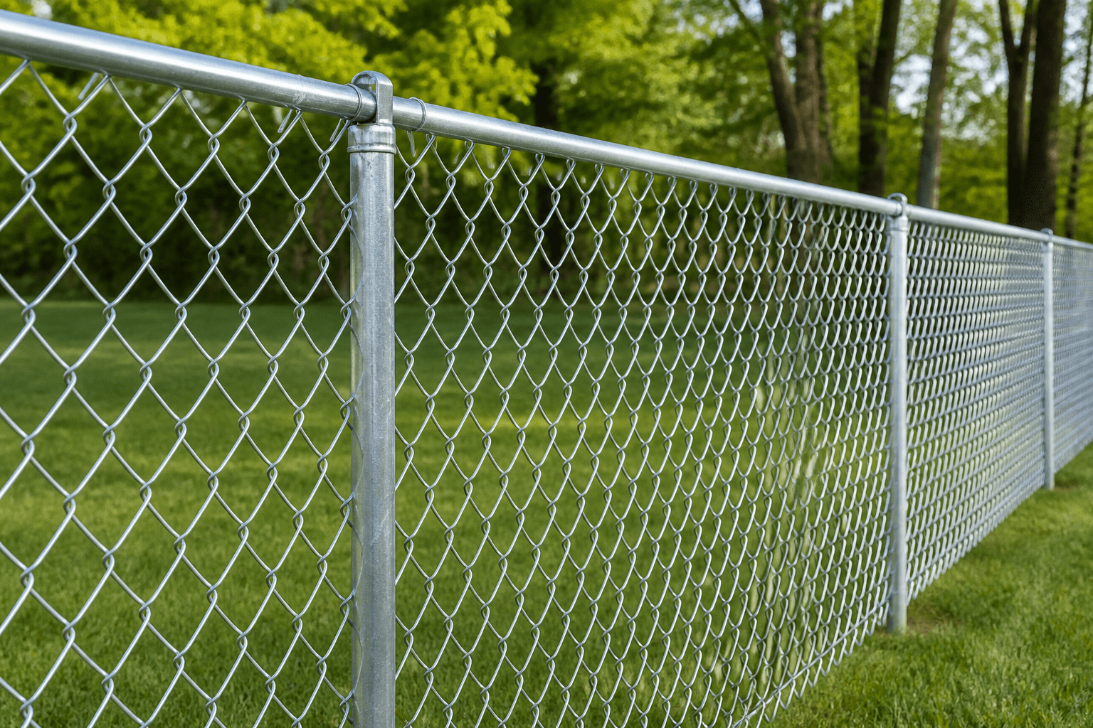 Galvanized chain-link fence in a Massachusetts residential backyard