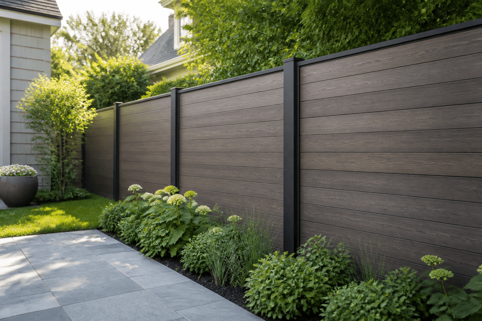 Modern wood-grain composite fence in a contemporary Massachusetts backyard