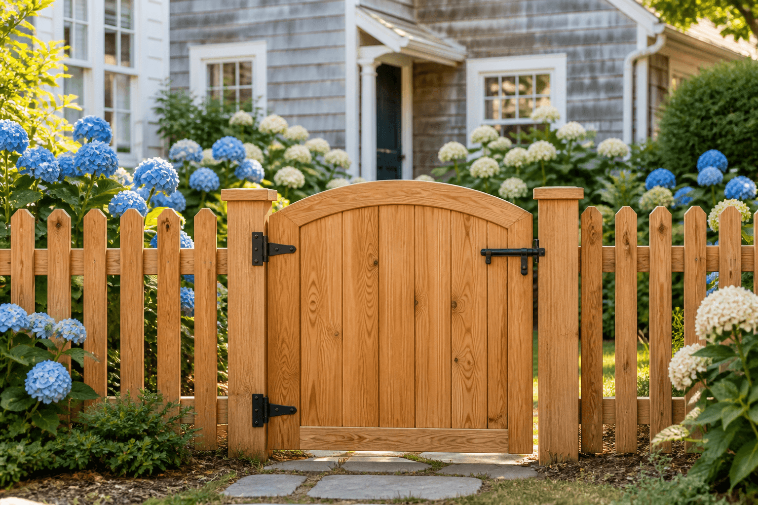 Cedar wooden garden gate at a Cape Cod coastal cottage in Massachusetts