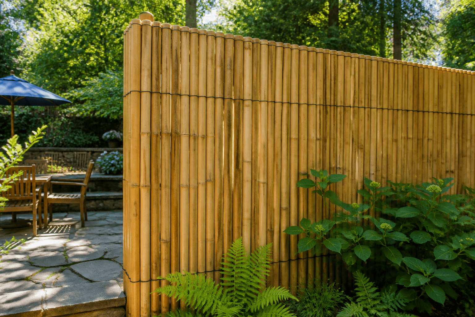 Rolled natural bamboo fence panel screening a Massachusetts garden patio