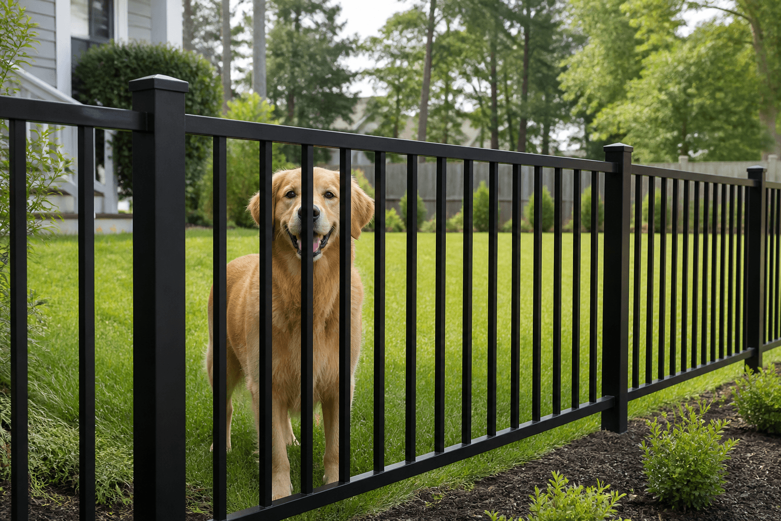 Black aluminum pet-safety fence with a dog in a Massachusetts backyard