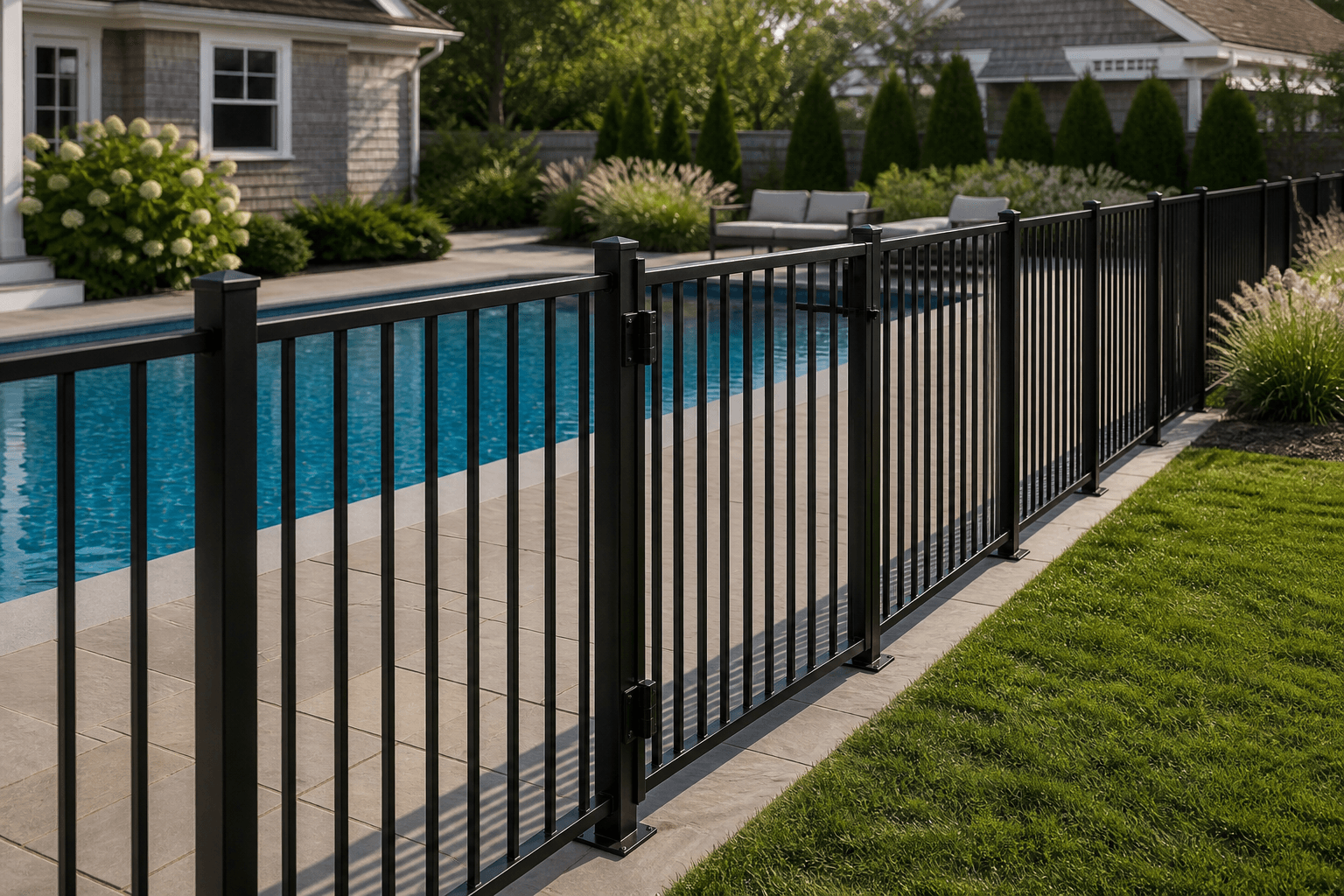 Black aluminum pool safety fence around a Massachusetts backyard pool
