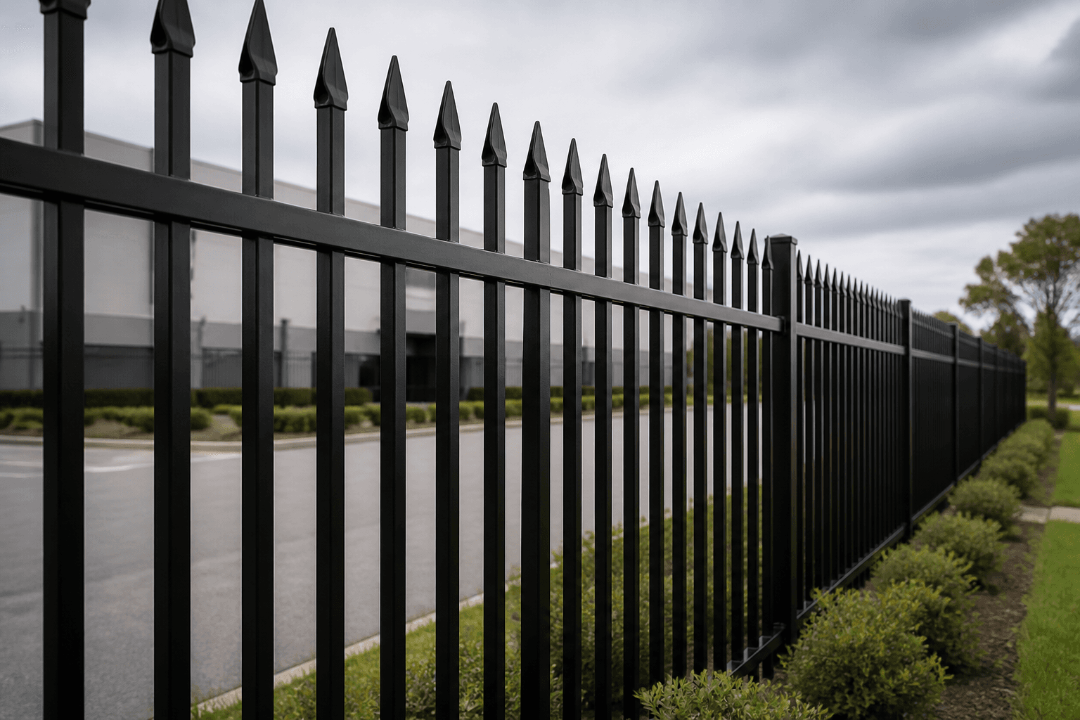Tall black steel security palisade fence at a Massachusetts commercial site