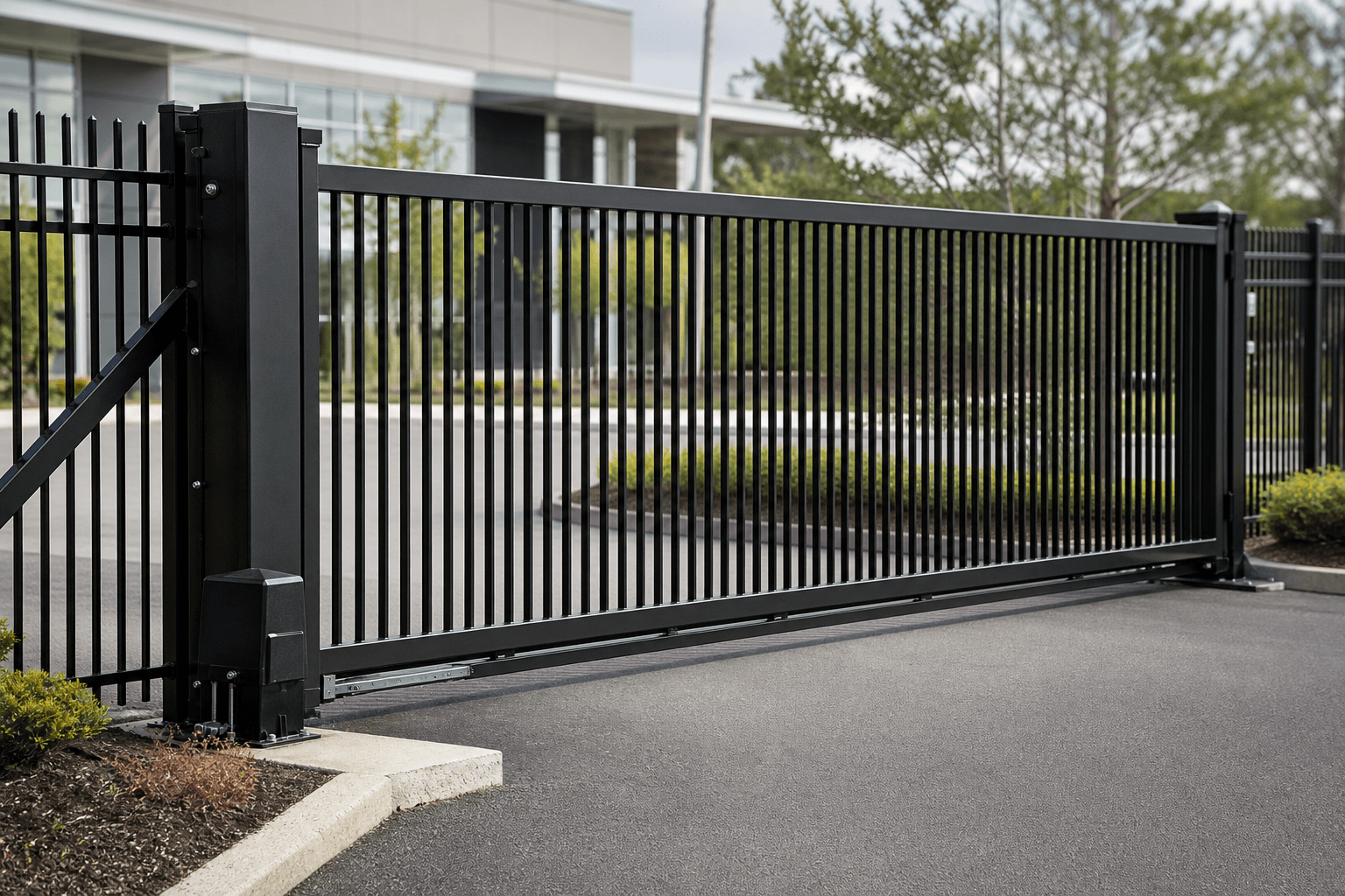 Black steel automated security gate at a Massachusetts commercial entrance