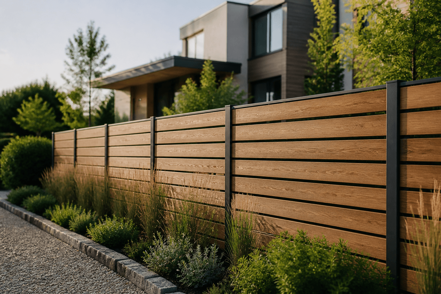 Modern horizontal-slat wood fence at a contemporary Massachusetts home