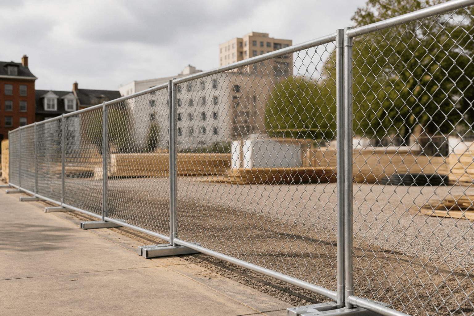 Temporary chain-link panel fencing around a Massachusetts work site