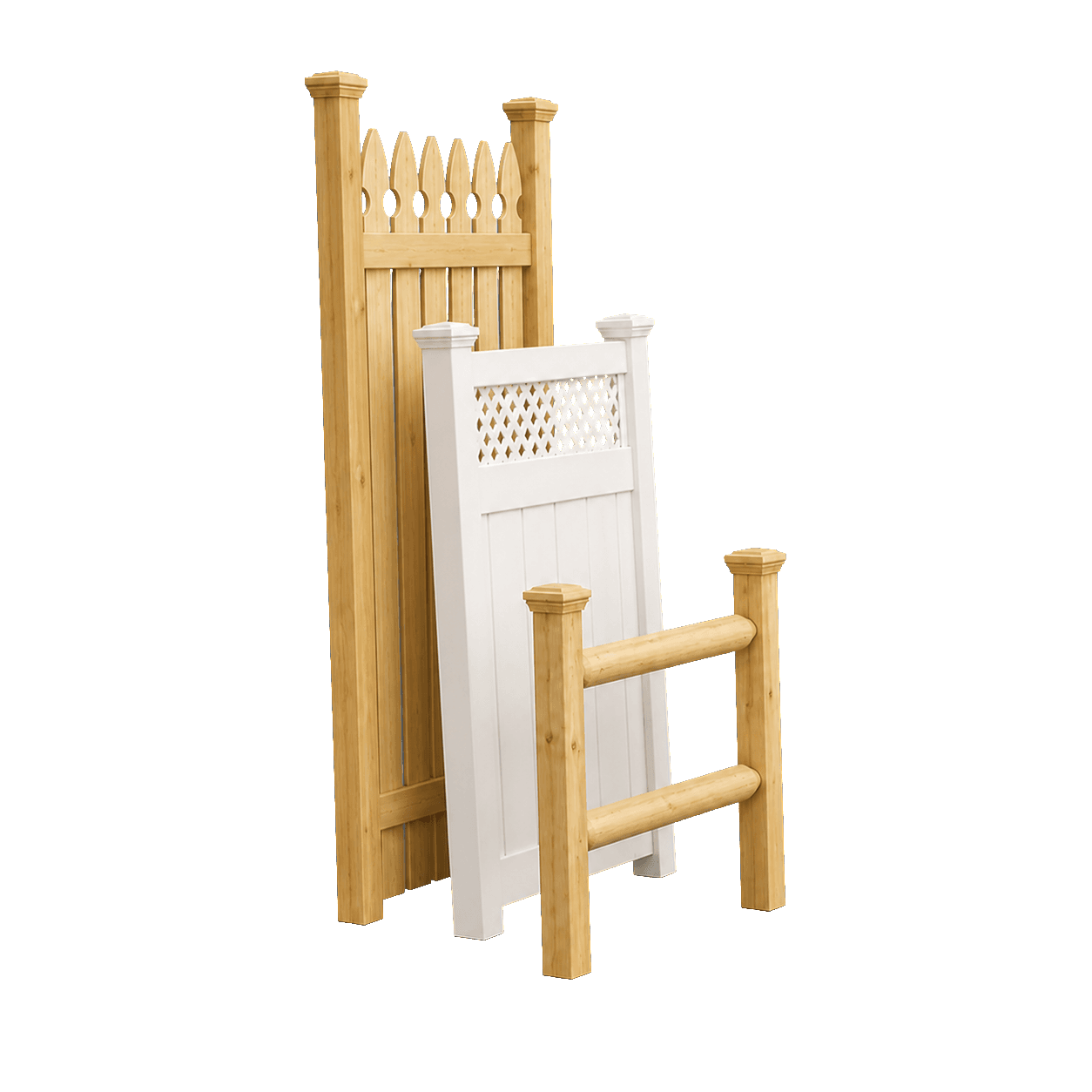 Wood picket, white vinyl privacy, and split-rail fence panels
