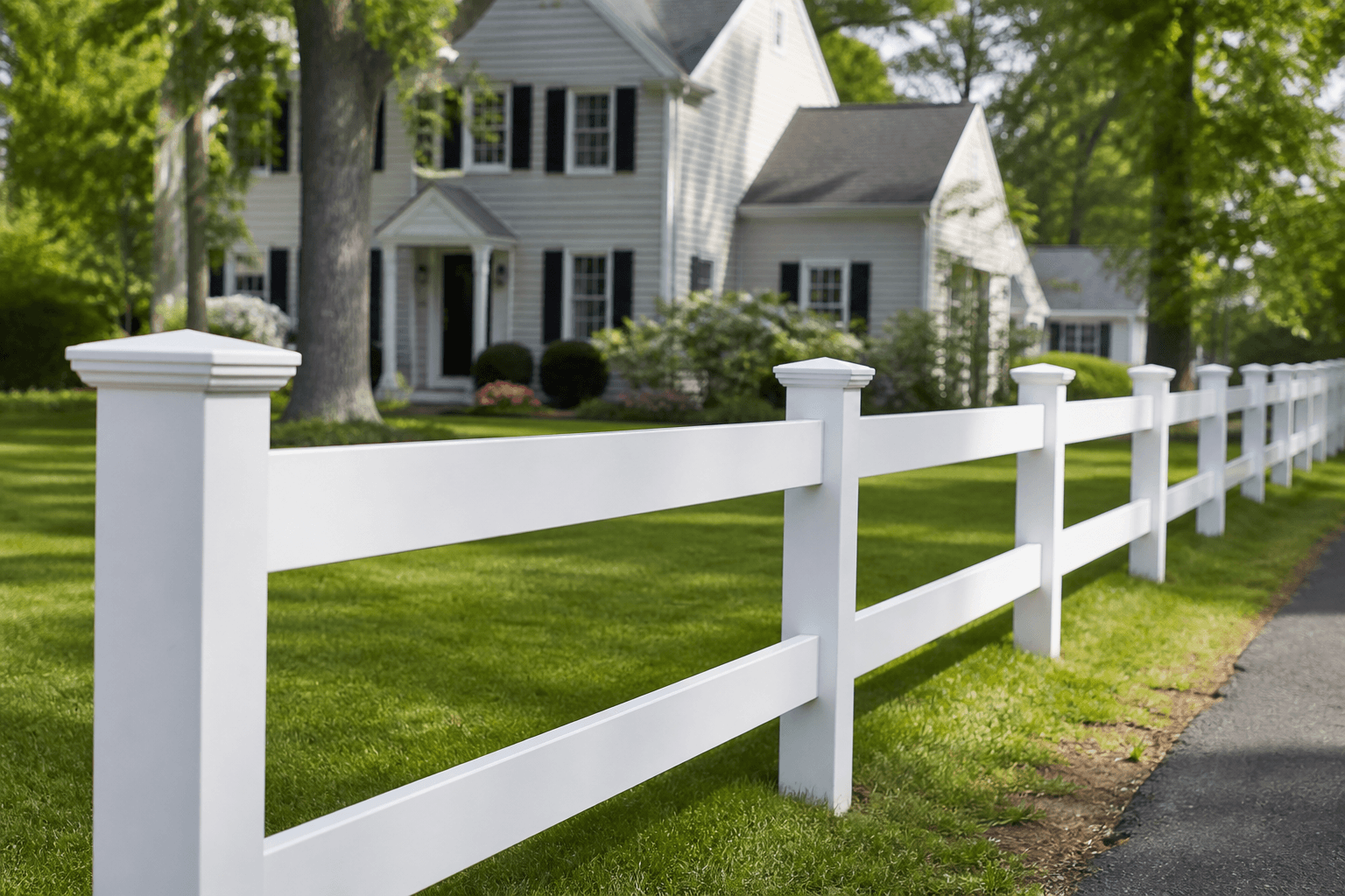 White vinyl post-and-rail fence along a Massachusetts front yard