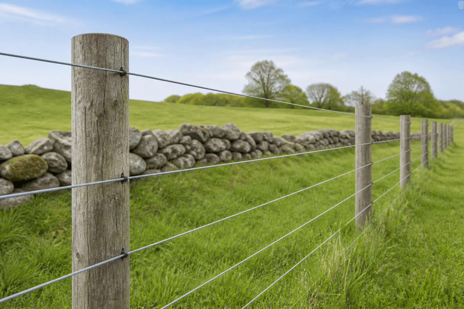 Galvanized wire boundary fence along a rural Massachusetts field