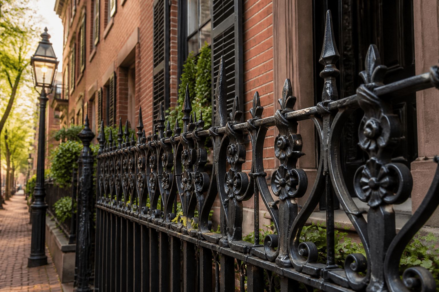 Ornate black wrought-iron fence outside a historic Boston brick townhouse