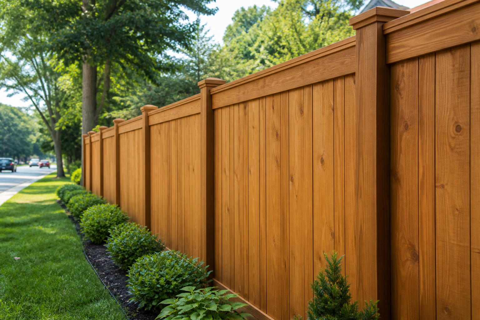 Tall solid sound-barrier fence at the edge of a Massachusetts yard