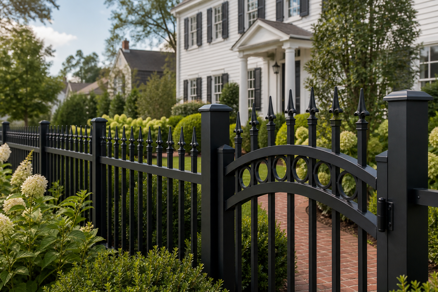 Black powder-coated aluminum fence in front of a Massachusetts colonial home