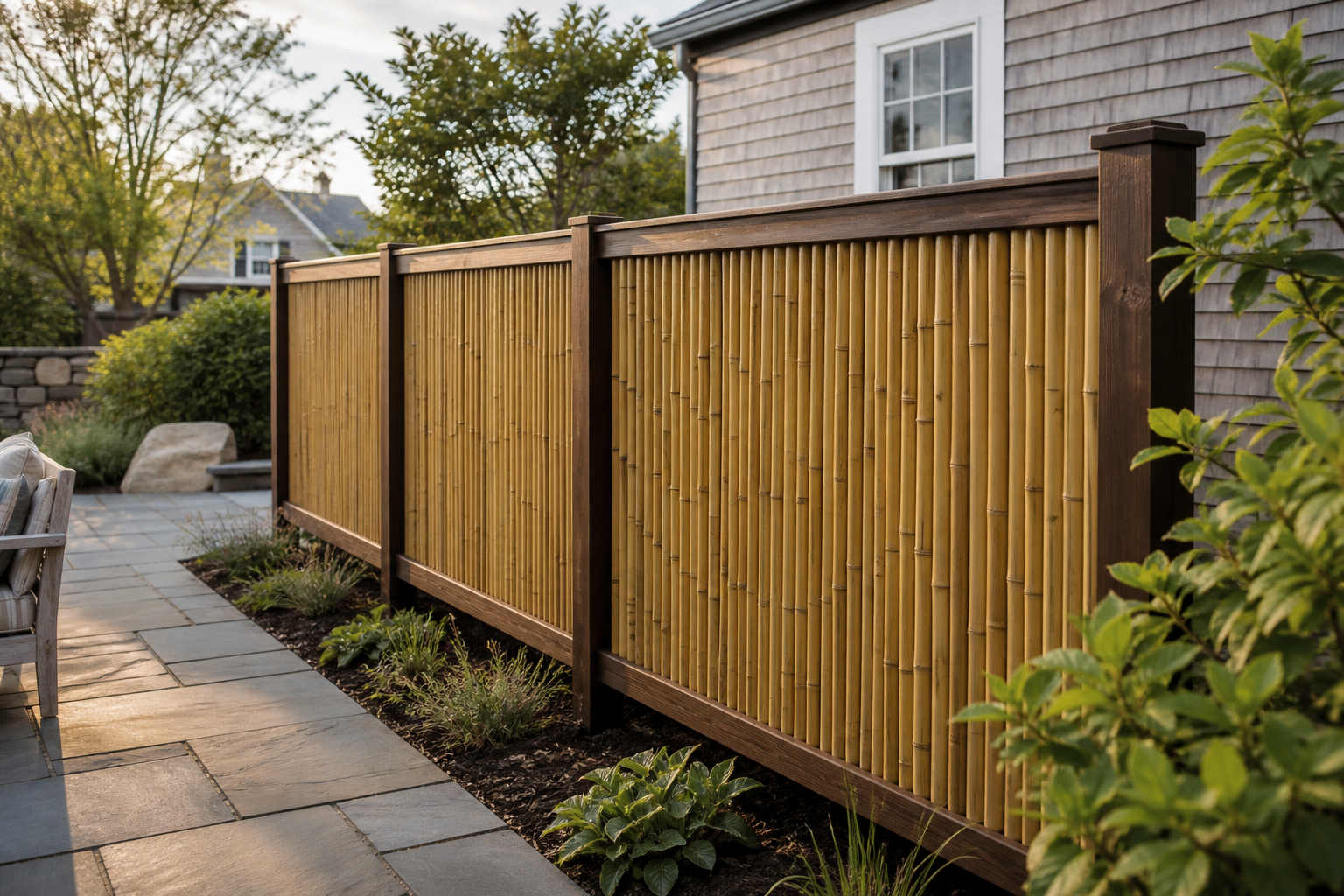 Natural bamboo fence in dark wood frames beside a New England patio