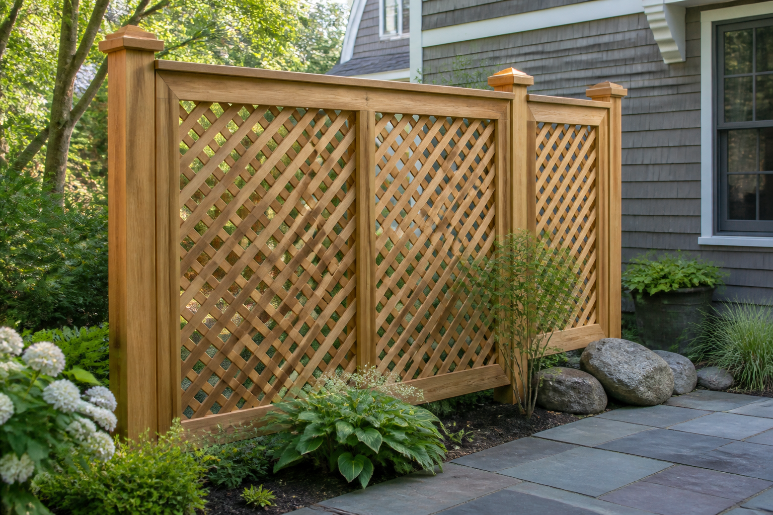 Framed cedar lattice fence beside a gray-shingle New England home