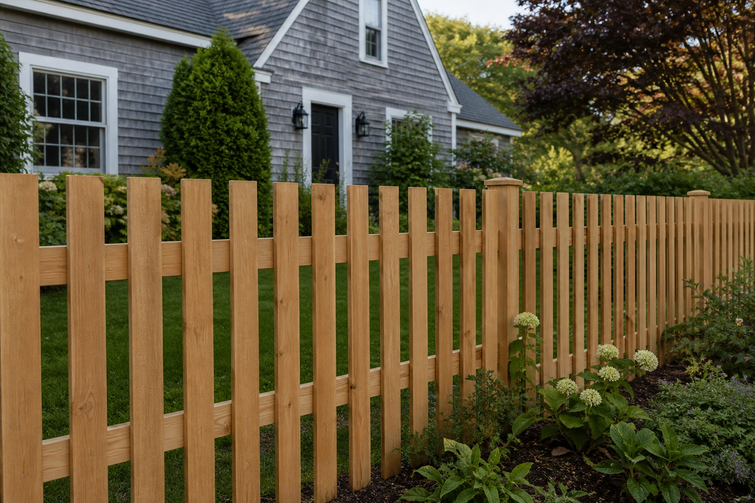 Natural cedar picket fence in front of a gray-shingle New England home
