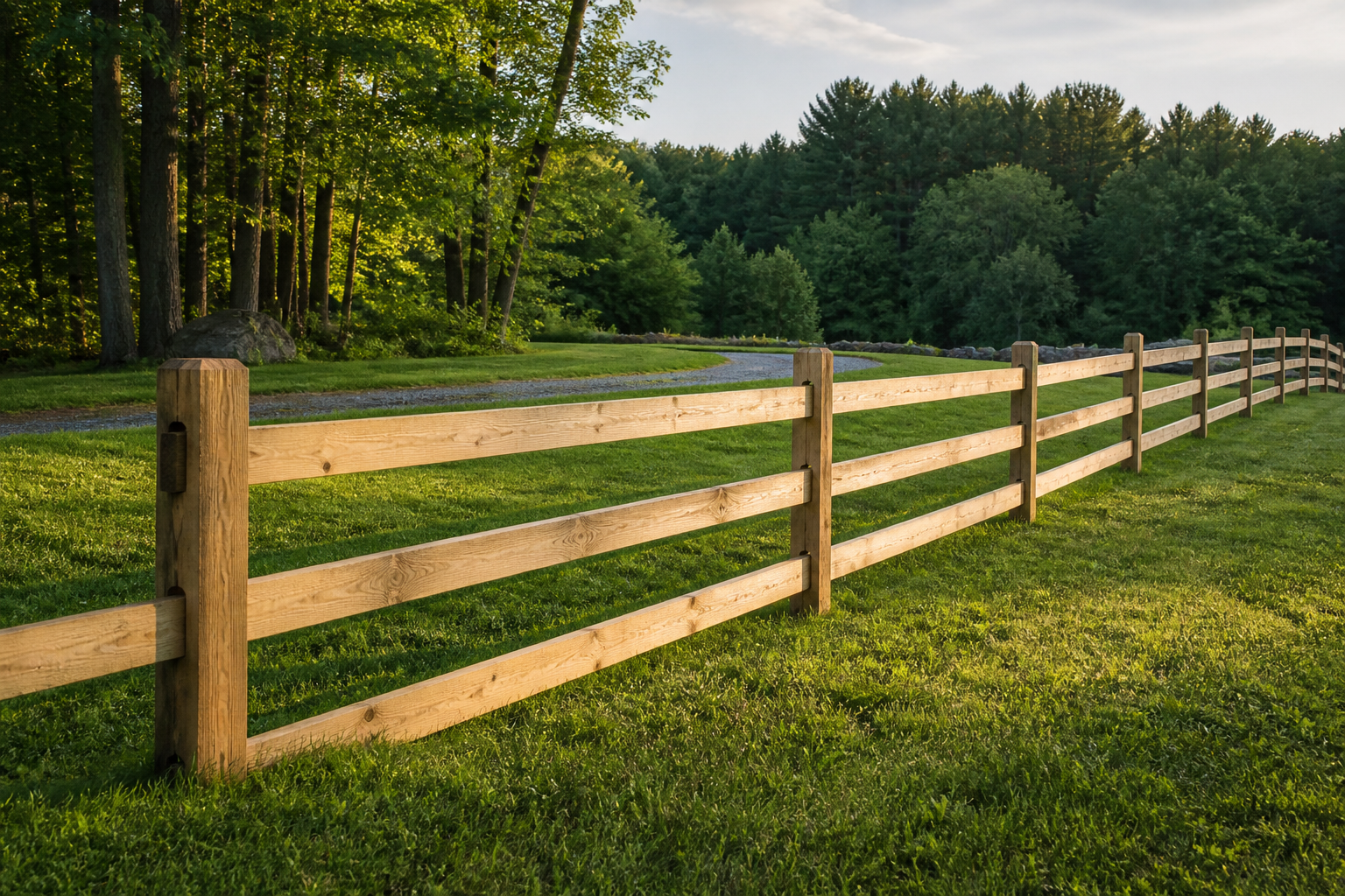Three-rail wood fence crossing a broad New England property