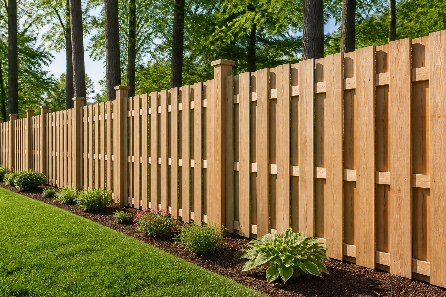 Cedar shadow-box fence with alternating boards seen at an angle