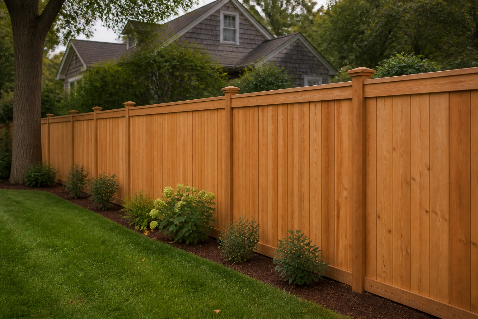 Six-foot natural cedar privacy fence along a New England backyard