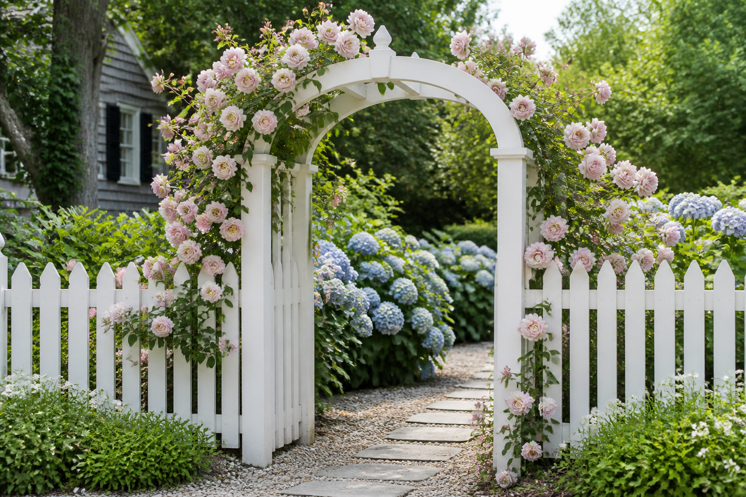 White wooden garden arbor with climbing roses in a Cape Cod garden in Massachusetts