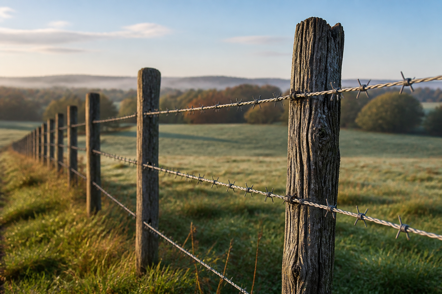 Barbed-wire fence on wood posts along a rural Massachusetts pasture