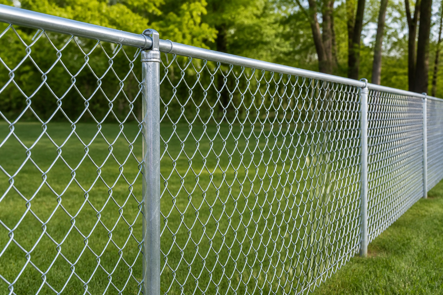 Galvanized chain-link fence in a Massachusetts residential backyard