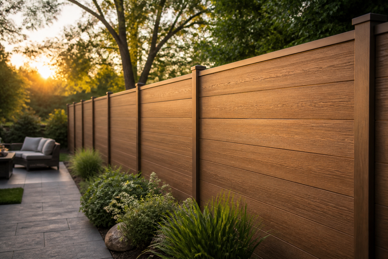 Tall composite privacy fence around a modern Massachusetts patio