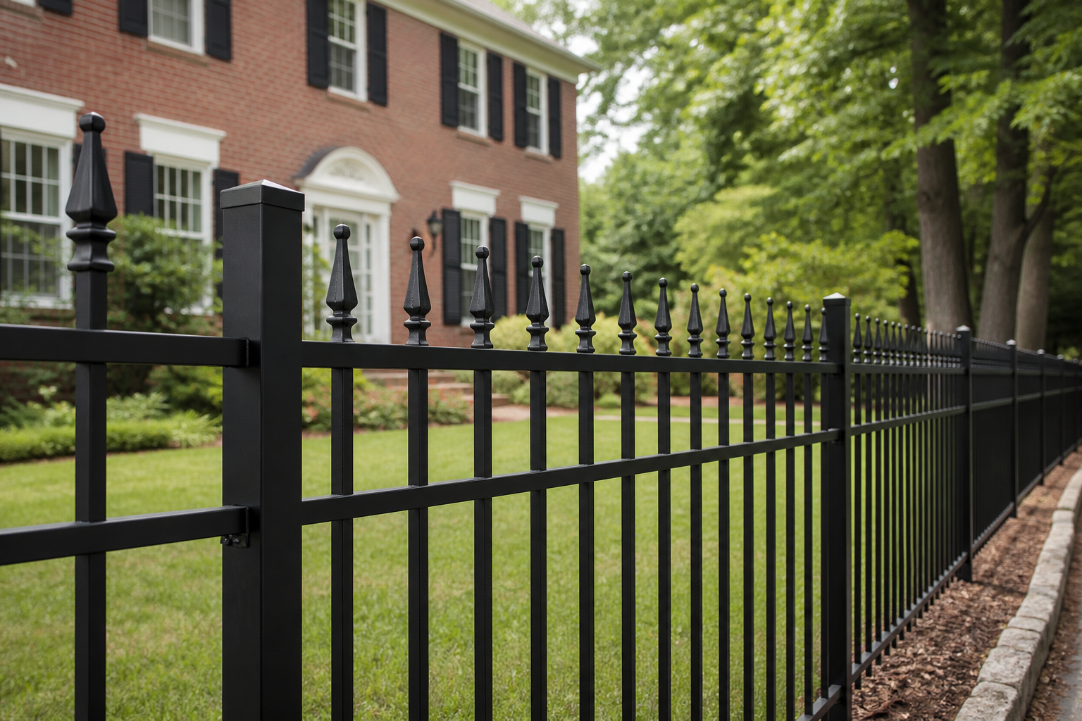 Elegant black ornamental metal fence at a Massachusetts colonial home