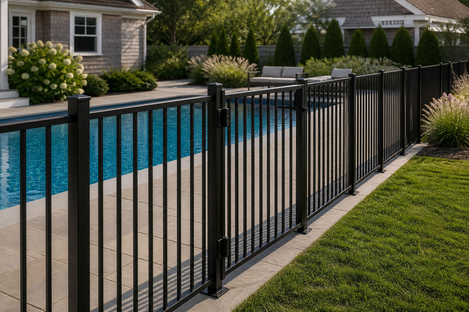Black aluminum pool safety fence around a Massachusetts backyard pool