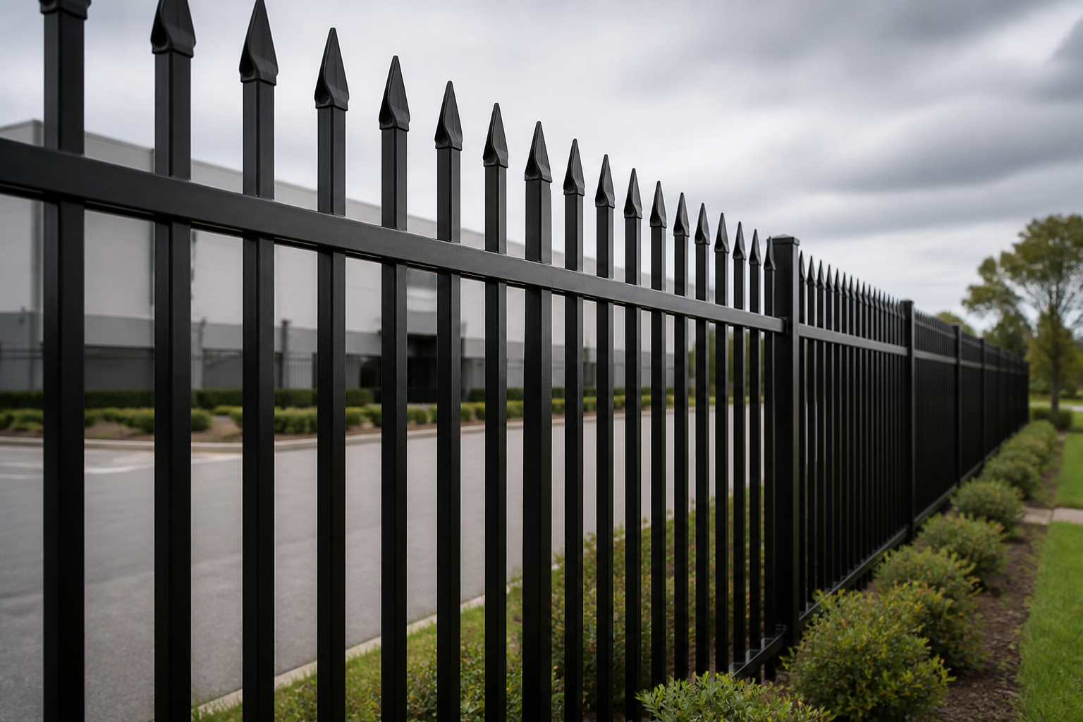Tall black steel security palisade fence at a Massachusetts commercial site