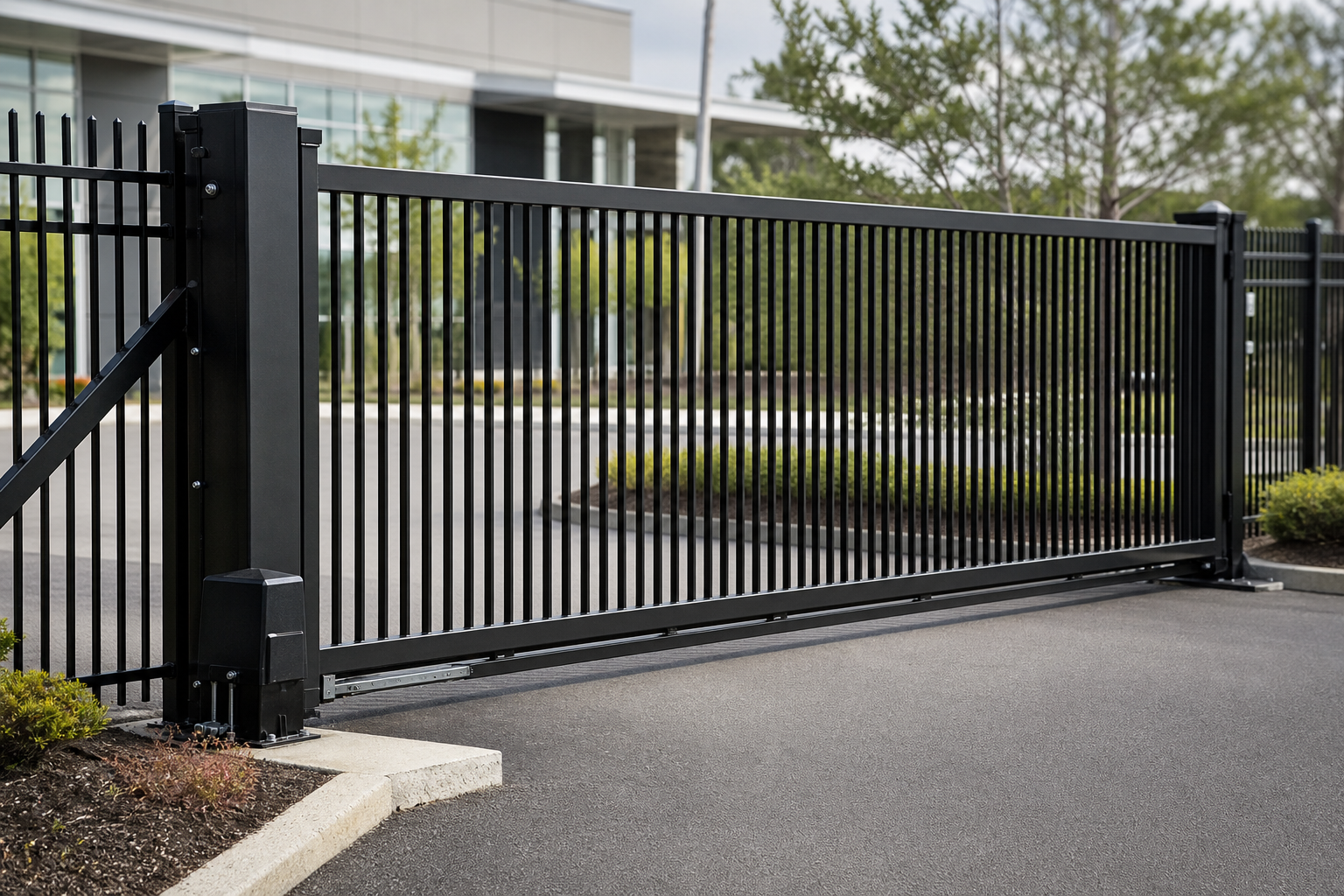 Black steel automated security gate at a Massachusetts commercial entrance