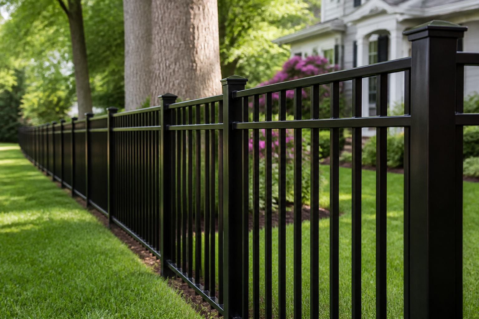 Sturdy black steel ornamental fence on a Massachusetts residential property