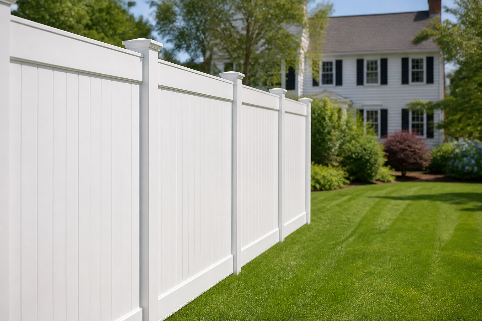 Bright white vinyl fence in a suburban Massachusetts backyard