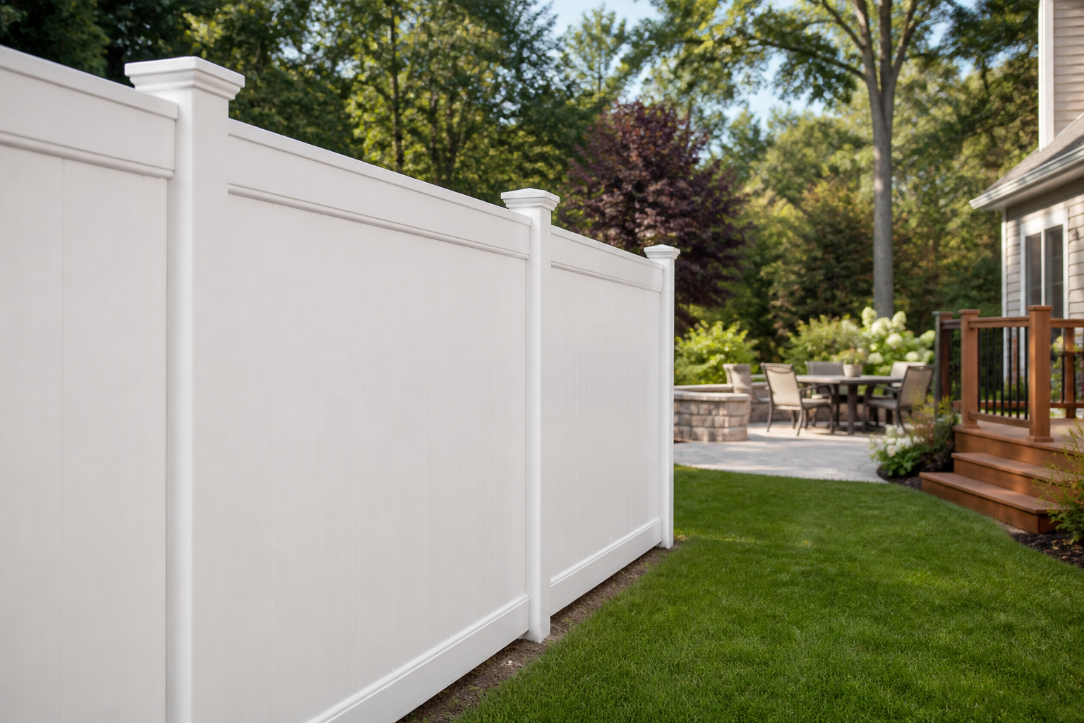 Tall white vinyl privacy fence around a suburban Massachusetts backyard