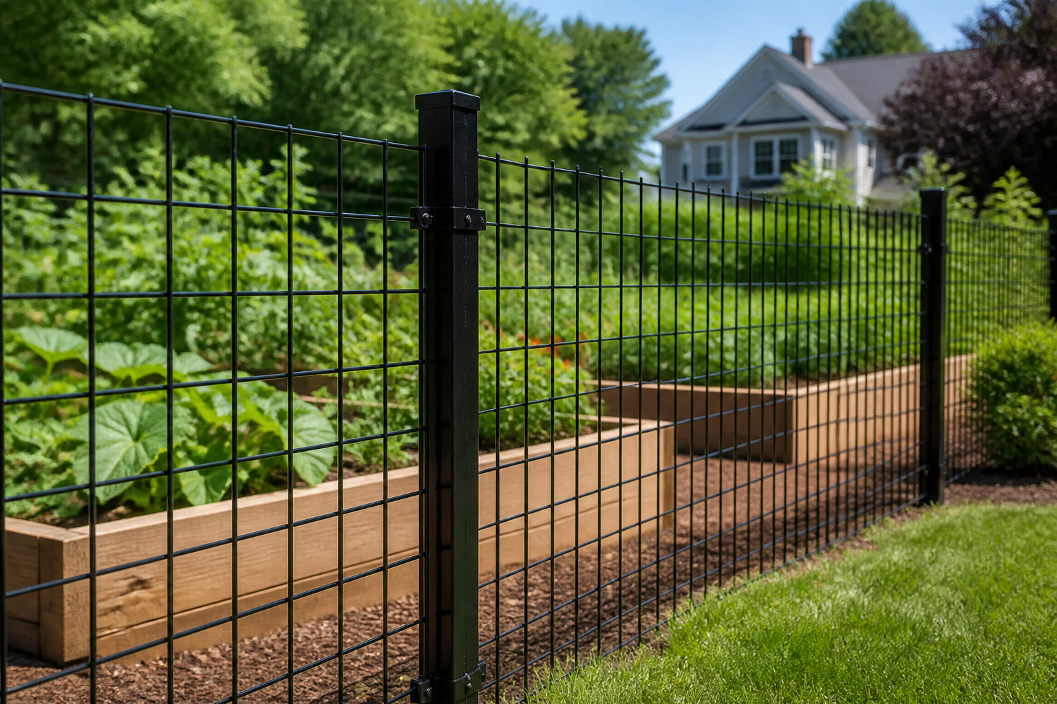 Black welded-wire garden fence around a Massachusetts vegetable garden