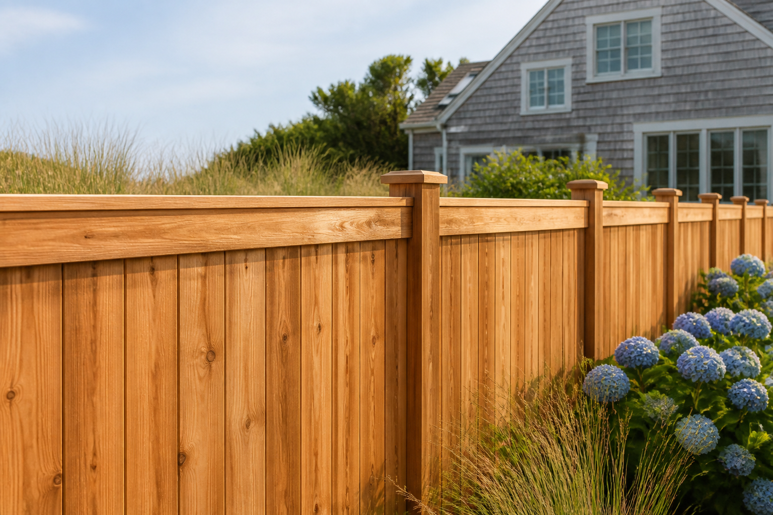 Natural cedar wood fence beside a gray-shingle Cape Cod home in Massachusetts